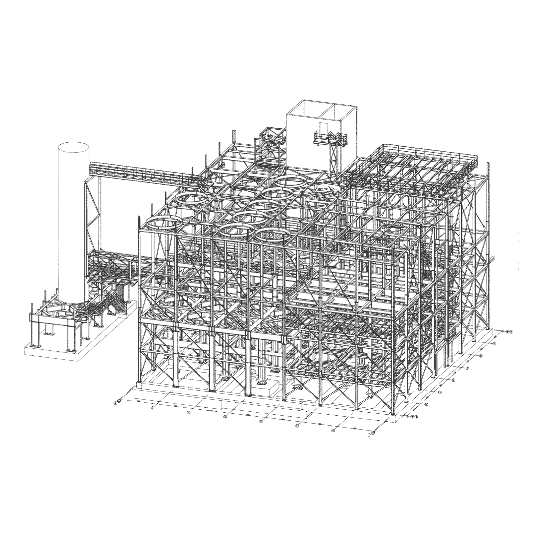 Konstruktionsansicht Stahlbau für eine Industrieanlage, Referenz des Planungsbüro Klaus Engel