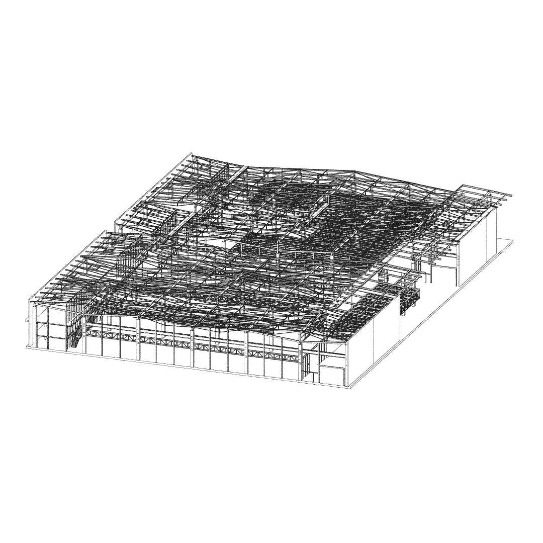 Konstruktionsansicht Stahlbau für eine Produktionshalle, Referenz des Planungsbüro Klaus Engel